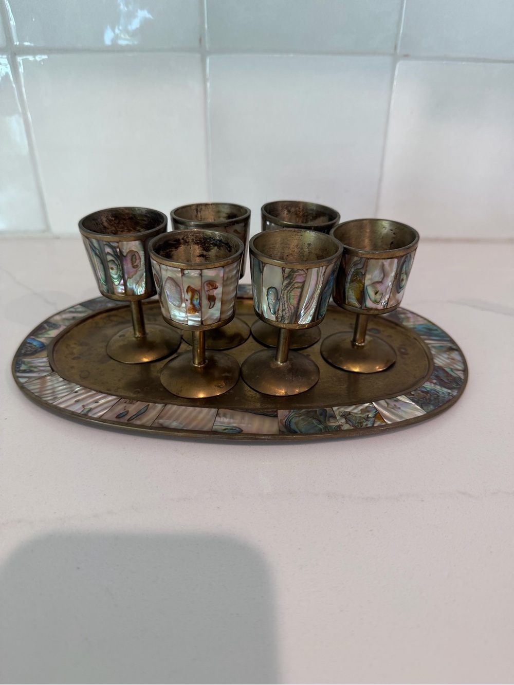 Vtg Mid-Century Mexican Brass & Abalone Cordial Set - 6 Goblets & Tray